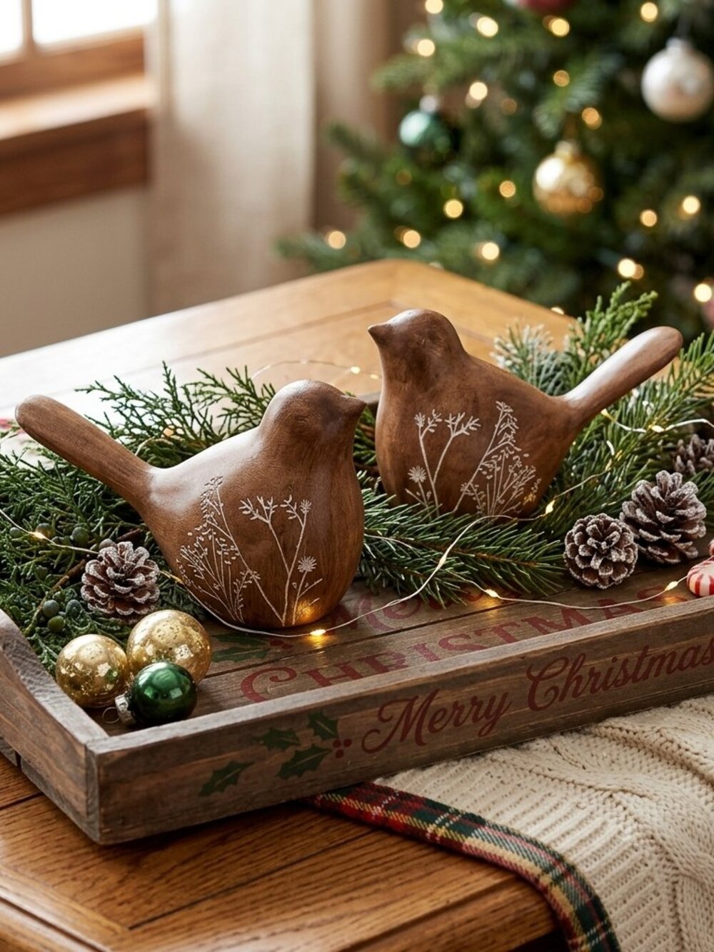 2 Melrose International Floral Etched Bird Figurines w/Wood Grain Design
